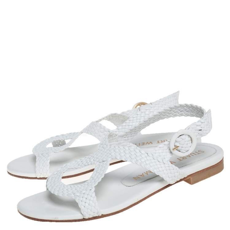 Pre Owned Stuart Weitzman White Braided Leather Theodora Flat Sandals Size 37.5