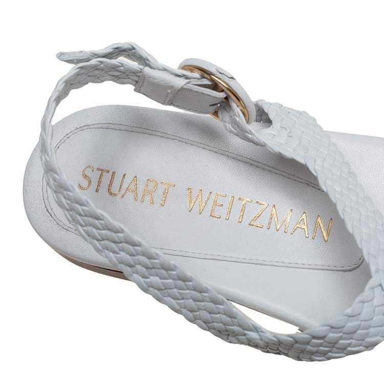 Pre Owned Stuart Weitzman White Braided Leather Theodora Flat Sandals Size 37.5