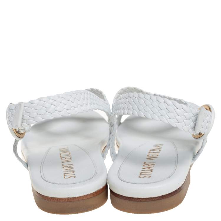 Pre Owned Stuart Weitzman White Braided Leather Theodora Flat Sandals Size 37.5