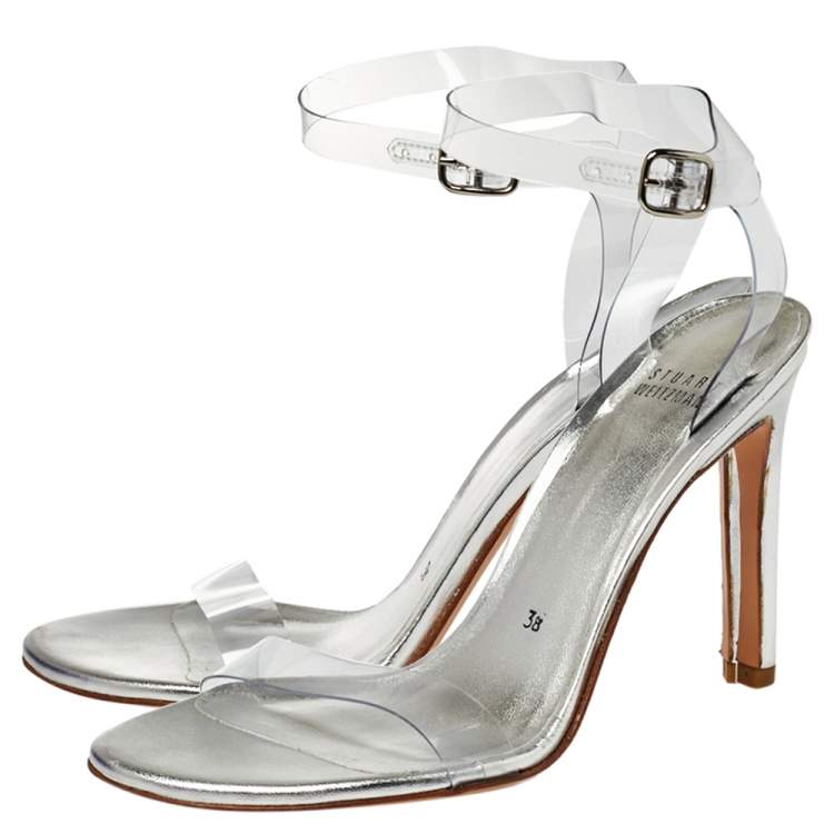 Pre Owned Stuart Weitzman Silver PVC Ankle Strap Sandals Size 38