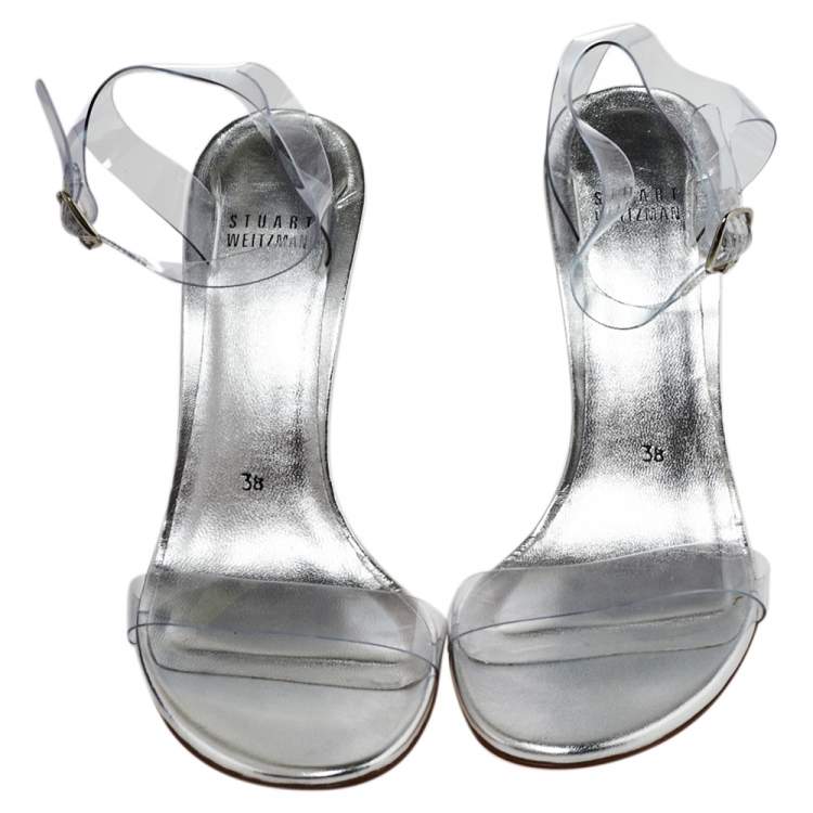 Pre Owned Stuart Weitzman Silver PVC Ankle Strap Sandals Size 38