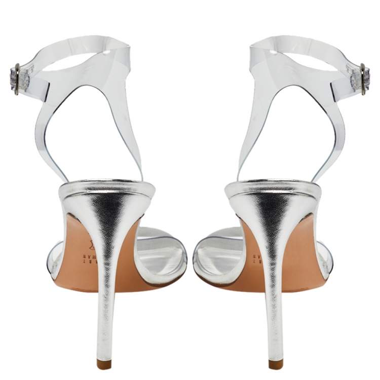 Pre Owned Stuart Weitzman Silver PVC Ankle Strap Sandals Size 38