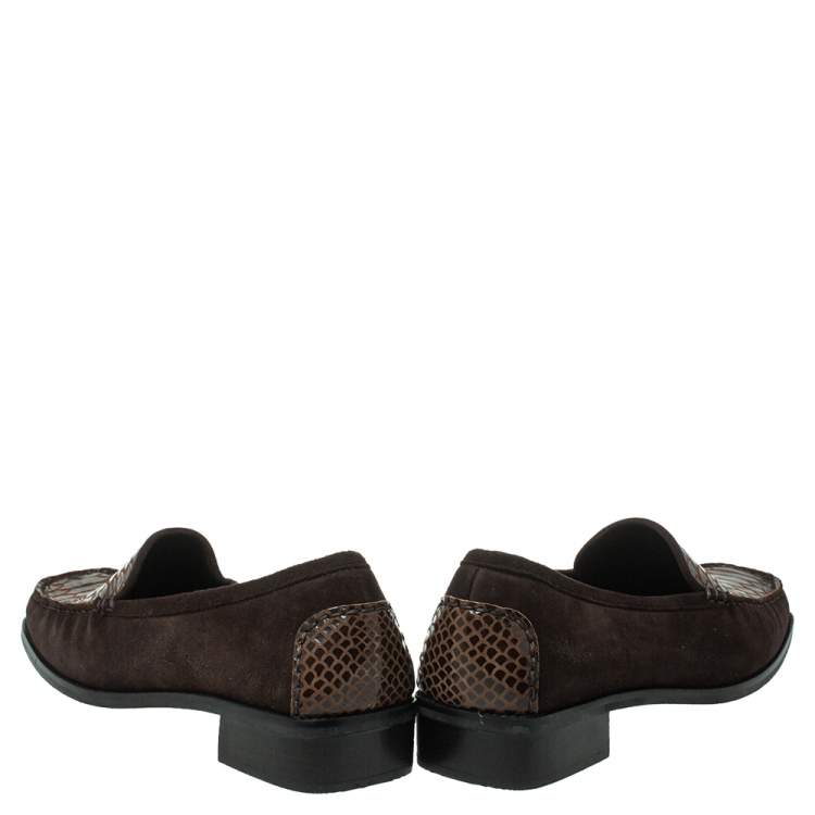 Pre Owned Stuart Weitzman Brown Suede  And Python Embossed Leather Loafers Size 41