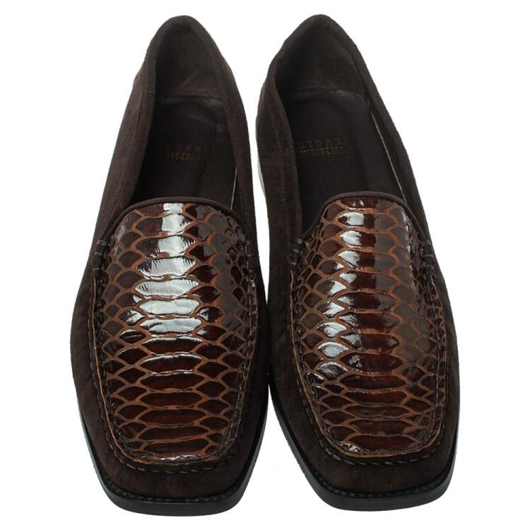 Pre Owned Stuart Weitzman Brown Suede  And Python Embossed Leather Loafers Size 41
