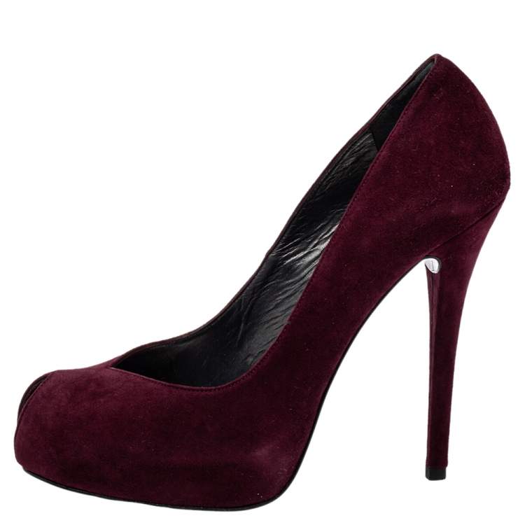 Pre Owned Stuart Weitzman Burgundy Suede Peep Toe Platform Pumps Size 40