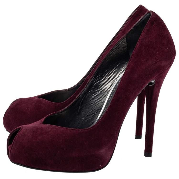Pre Owned Stuart Weitzman Burgundy Suede Peep Toe Platform Pumps Size 40