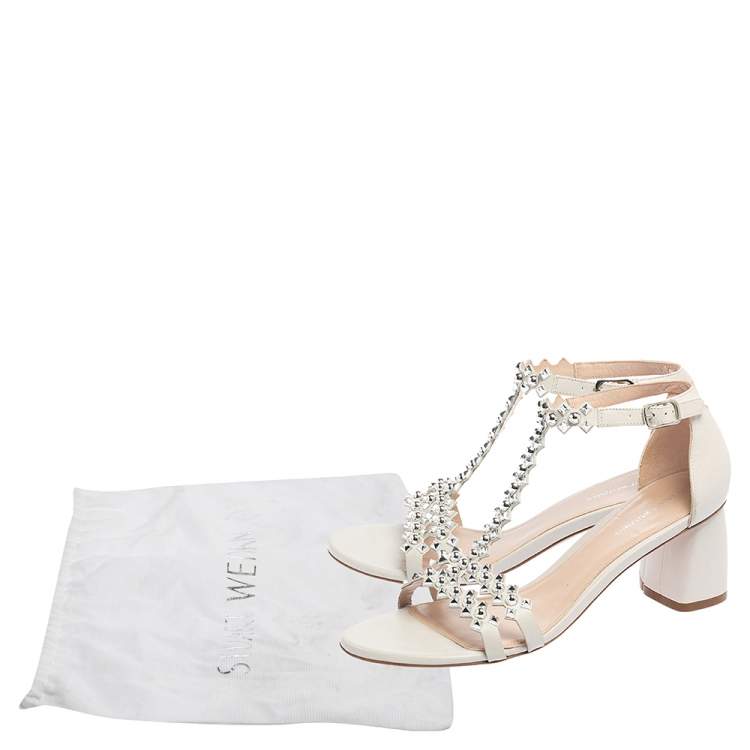 Pre Owned Stuart Weitzman White Leather Studded Sandals Size 40