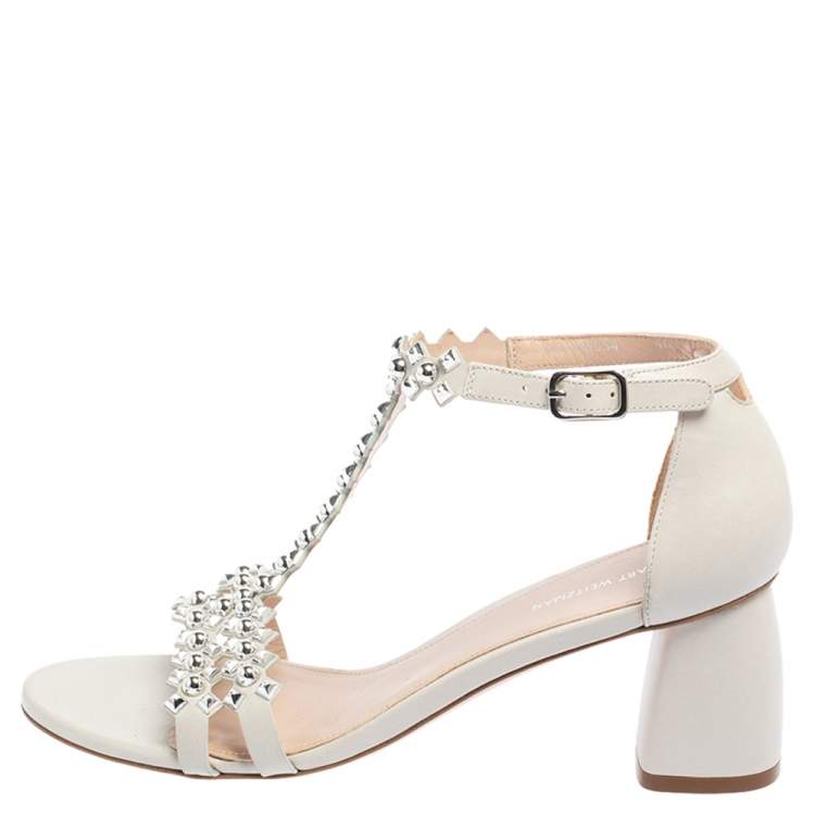 Pre Owned Stuart Weitzman White Leather Studded Sandals Size 40
