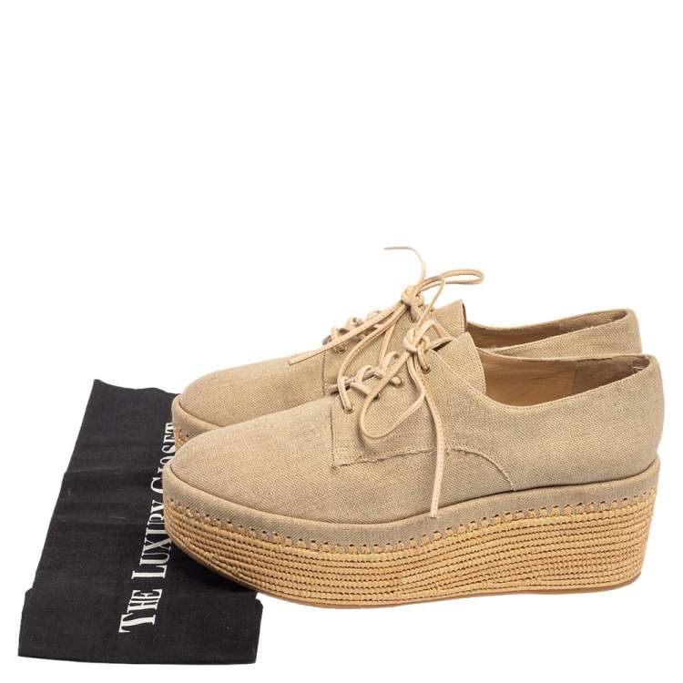 Pre Owned Stuart Weitzman Beige Canvas Wedge Espadrille Platform Lace Up Derby Size 38.5