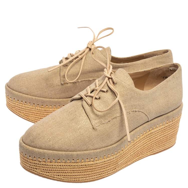 Pre Owned Stuart Weitzman Beige Canvas Wedge Espadrille Platform Lace Up Derby Size 38.5