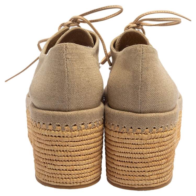 Pre Owned Stuart Weitzman Beige Canvas Wedge Espadrille Platform Lace Up Derby Size 38.5