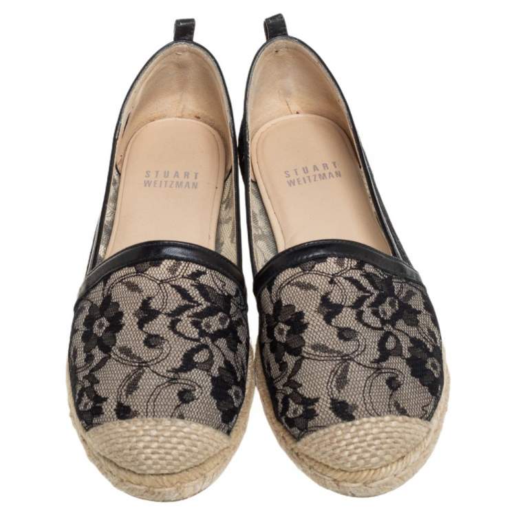 Pre Owned Stuart Weitzman Black Meshuga Lace Espadrille Flats Size 35