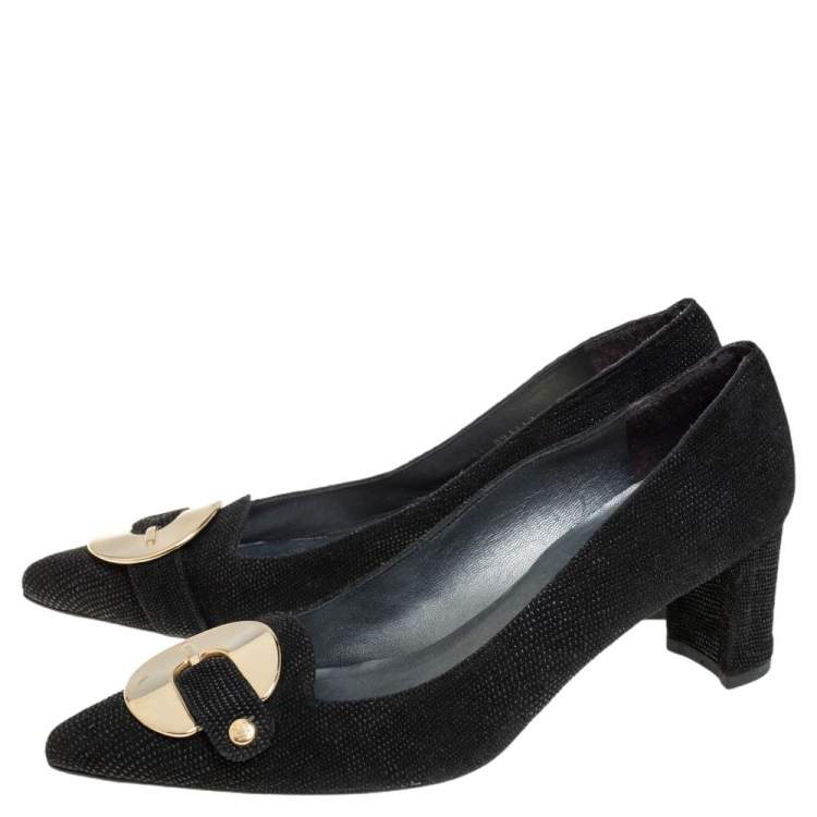 Pre Owned Stuart Weitzman Black Suede Buckle Pointed Toe Pumps Size 38.5