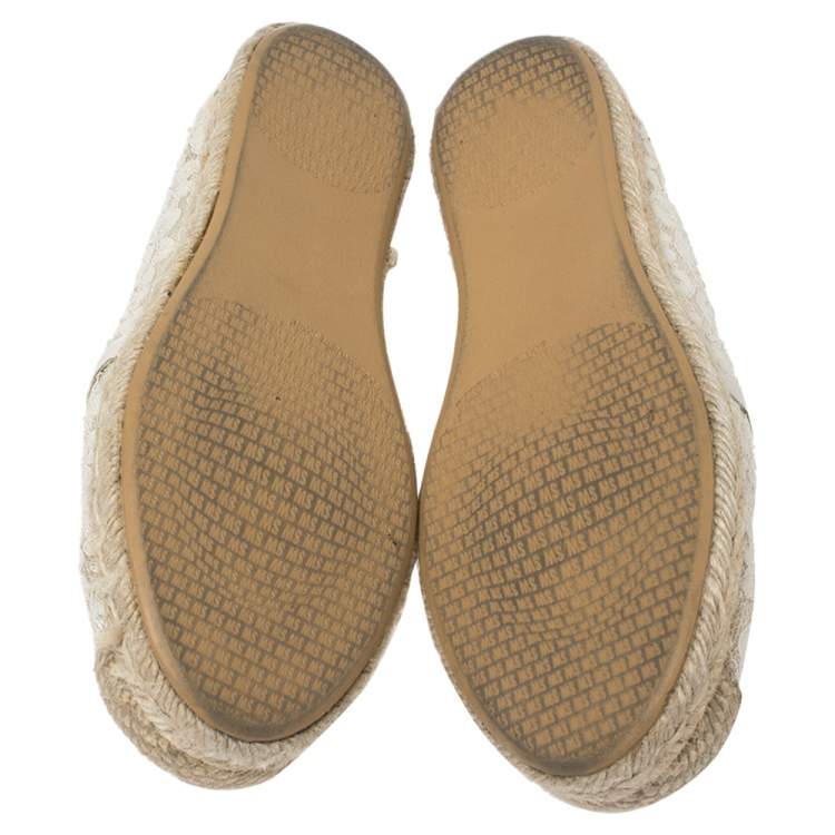 Pre Owned Stuart Weitzman Off-white Lace And Leather Trim Meshuga Espadrille Flats Size 35
