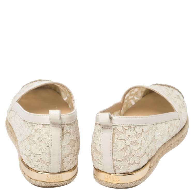 Pre Owned Stuart Weitzman Off-white Lace And Leather Trim Meshuga Espadrille Flats Size 35