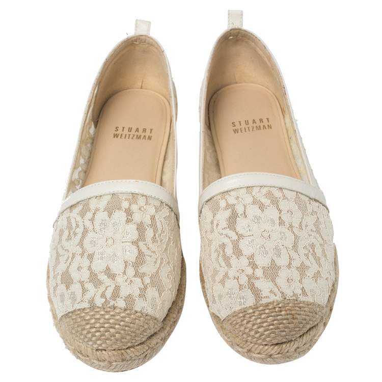 Pre Owned Stuart Weitzman Off-white Lace And Leather Trim Meshuga Espadrille Flats Size 35