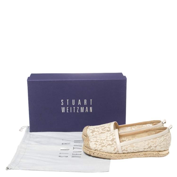 Pre Owned Stuart Weitzman Off-white Lace And Leather Trim Meshuga Espadrille Flats Size 35