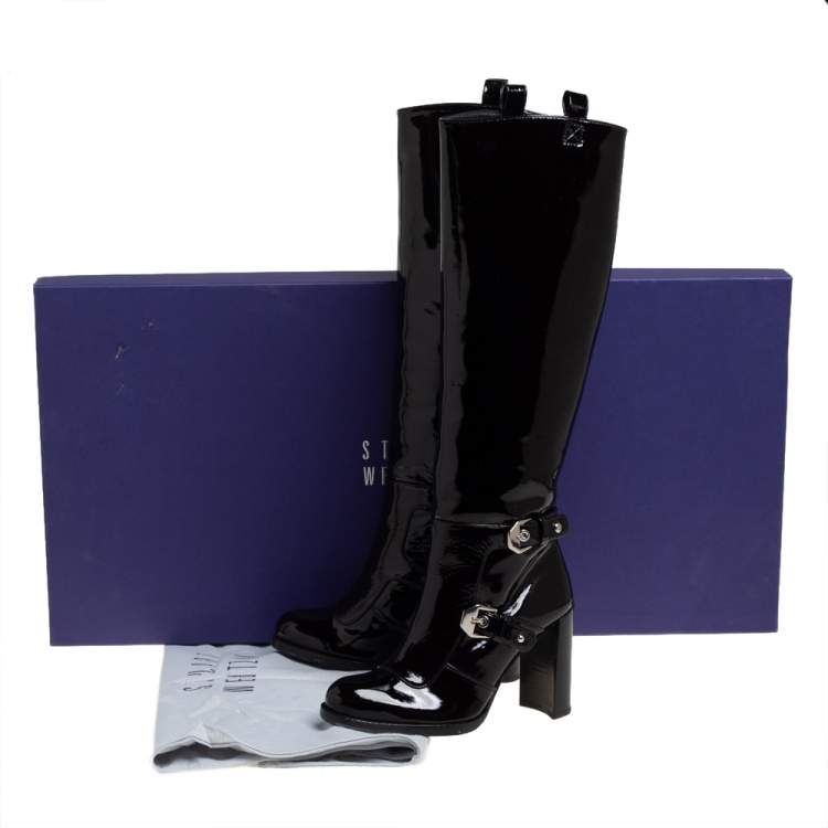 Pre Owned Stuart Weitzman Black Patent Leather Biker Knee Length Boots Size 36