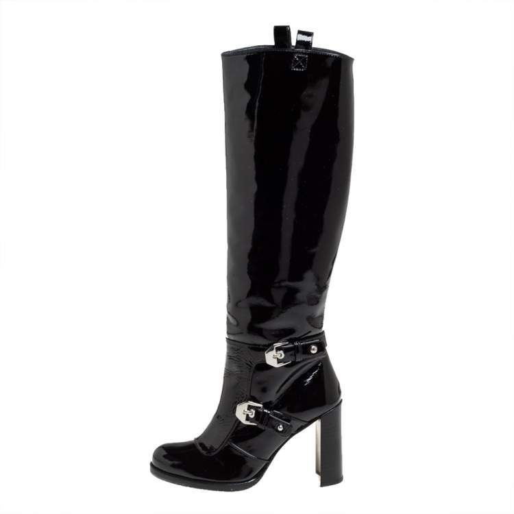 Pre Owned Stuart Weitzman Black Patent Leather Biker Knee Length Boots Size 36