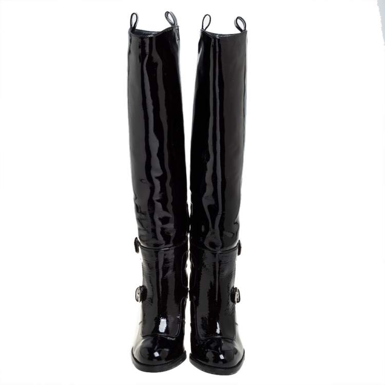 Pre Owned Stuart Weitzman Black Patent Leather Biker Knee Length Boots Size 36