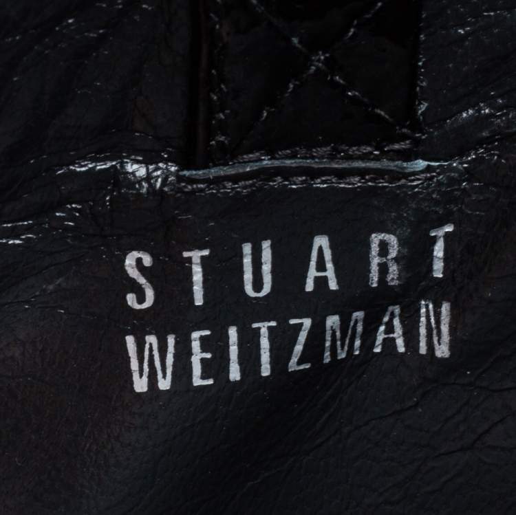 Pre Owned Stuart Weitzman Black Patent Leather Biker Knee Length Boots Size 36