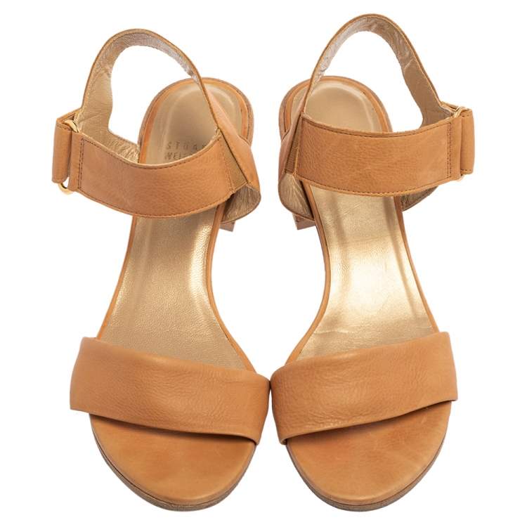 Pre Owned Stuart Weitzman Tan Leather Ankle Strap Sandals Size 38