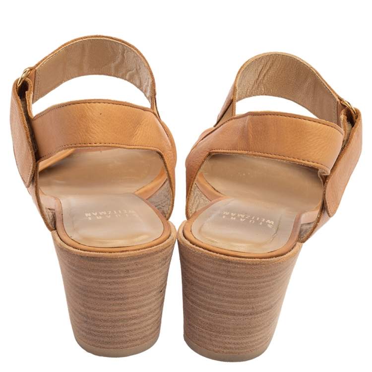 Pre Owned Stuart Weitzman Tan Leather Ankle Strap Sandals Size 38