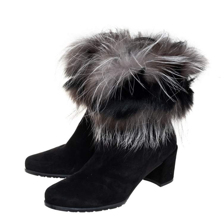 Pre Owned Stuart Weitzman Black Suede And Fox Fur Befoxy Londra Ankle Boots Size 39