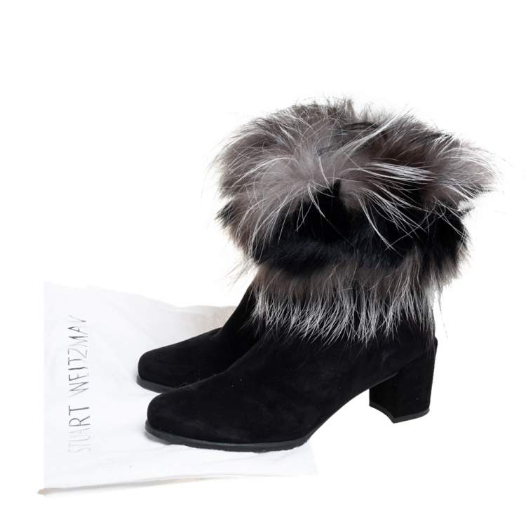 Pre Owned Stuart Weitzman Black Suede And Fox Fur Befoxy Londra Ankle Boots Size 39
