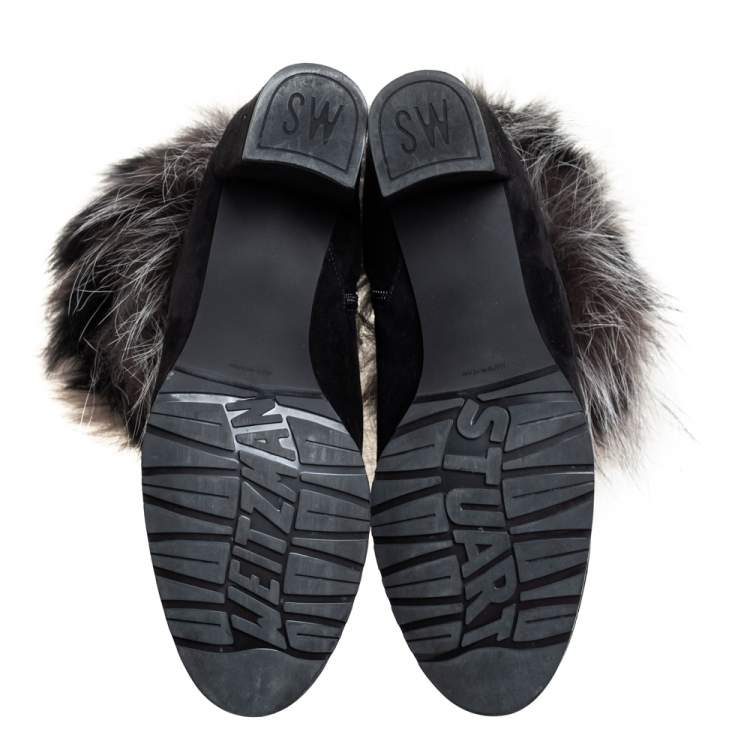 Pre Owned Stuart Weitzman Black Suede And Fox Fur Befoxy Londra Ankle Boots Size 39