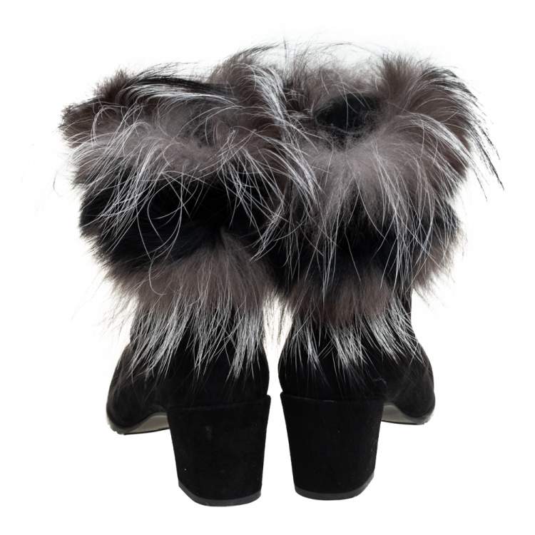 Pre Owned Stuart Weitzman Black Suede And Fox Fur Befoxy Londra Ankle Boots Size 39