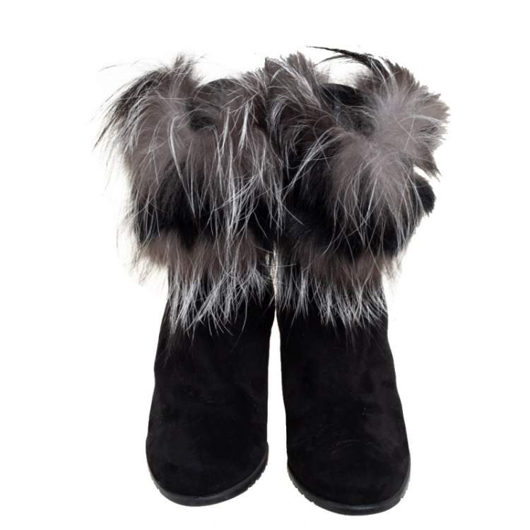 Pre Owned Stuart Weitzman Black Suede And Fox Fur Befoxy Londra Ankle Boots Size 39