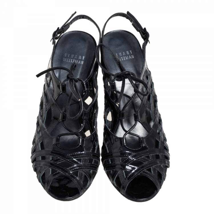 مملوكة مسبقًا Stuart Weitzman Black Patent Leather Cage Sandals Size 36.5