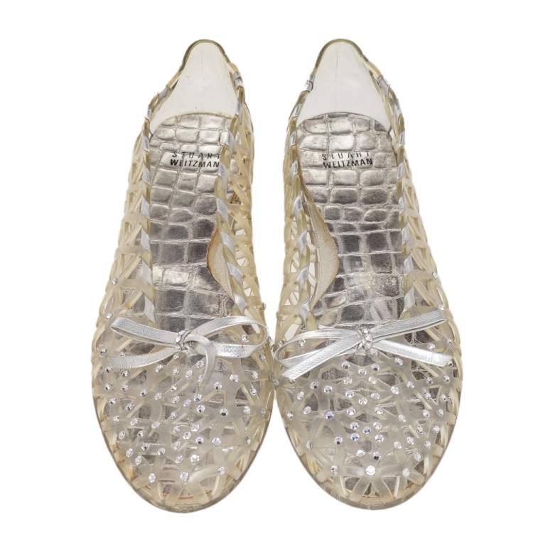 Pre Owned Stuart Weitzman Silver Foil Leather And Crystal Embellished Jelly Laser Cutout Ballet Flats Size 41