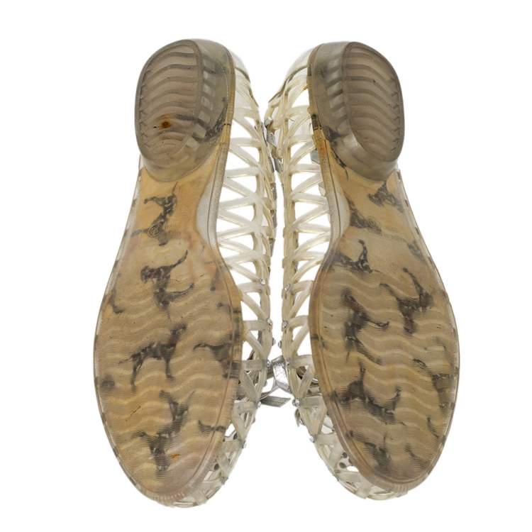Pre Owned Stuart Weitzman Silver Foil Leather And Crystal Embellished Jelly Laser Cutout Ballet Flats Size 41