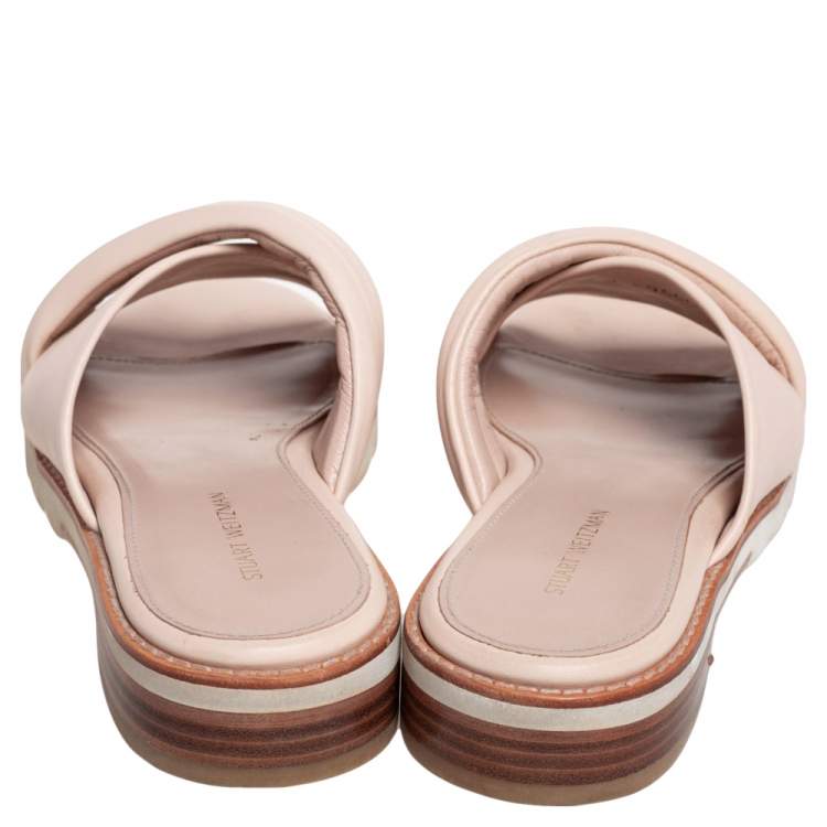 Pre Owned Stuart Weitzman Beige Leather Criss Cross Slide Sandals Size 37