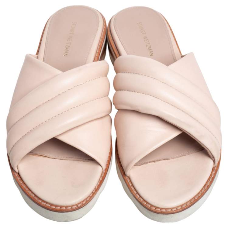 Pre Owned Stuart Weitzman Beige Leather Criss Cross Slide Sandals Size 37