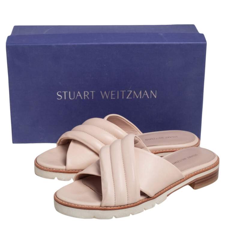 Pre Owned Stuart Weitzman Beige Leather Criss Cross Slide Sandals Size 37