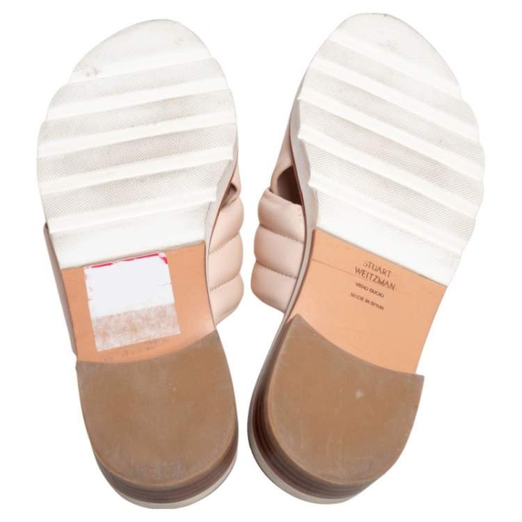 Pre Owned Stuart Weitzman Beige Leather Criss Cross Slide Sandals Size 37