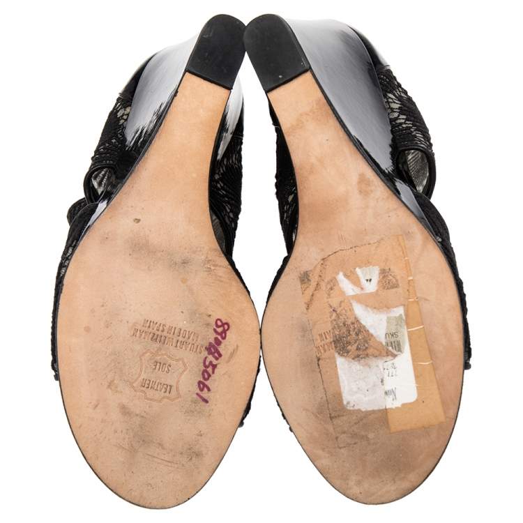 Pre Owned Stuart Weitzman Black Lace And Patent Leather Wedge Ankle Boots Size 38.5