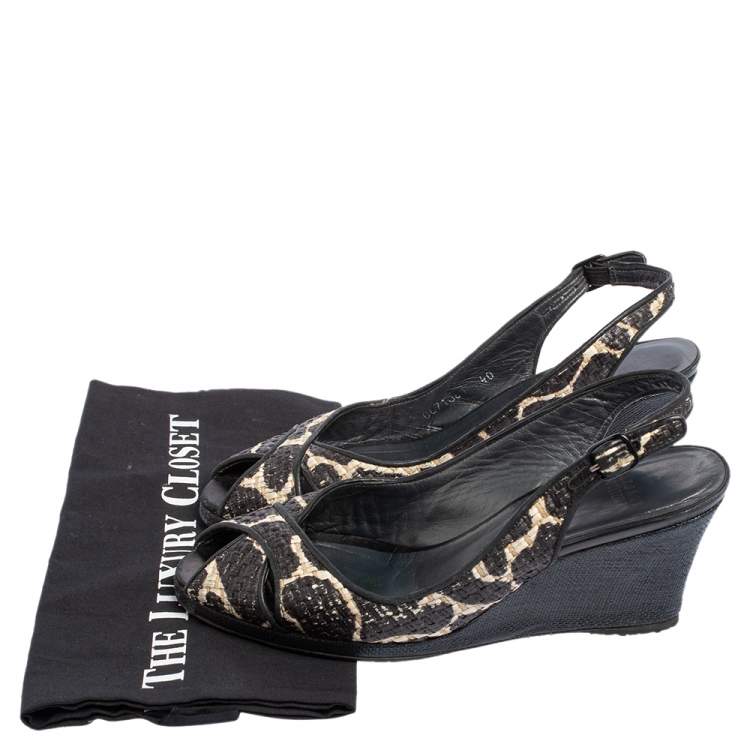 Pre Owned Stuart Weitzman Black/White Woven Straw Cross Strap Wedge Sandals Size 40