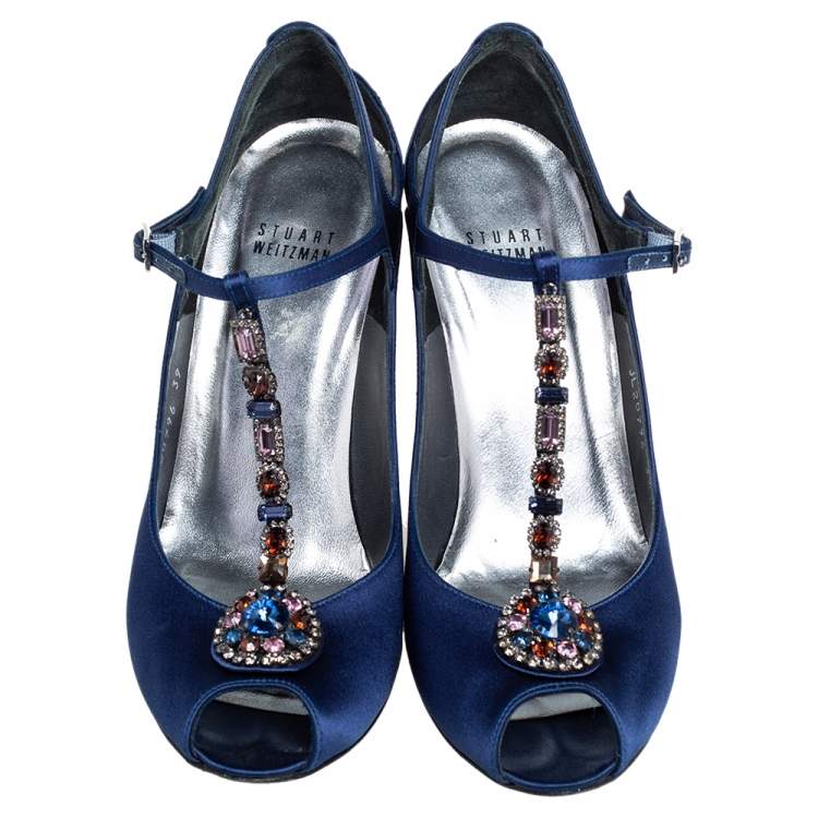 Pre Owned Stuart Weitzman Blue Satin Crystal Embellished T Strap Peep Toe Sandals Size 39