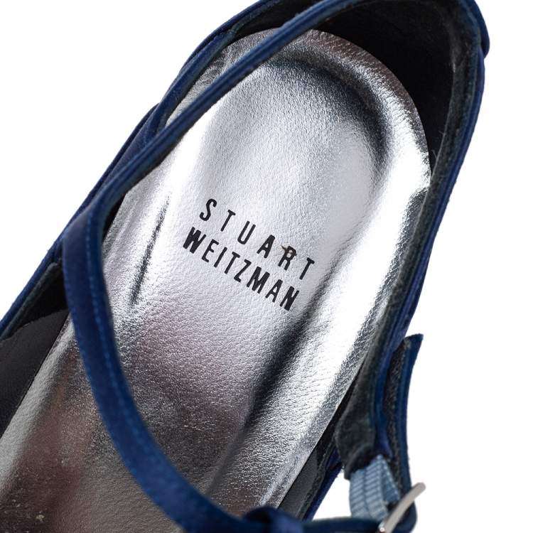 Pre Owned Stuart Weitzman Blue Satin Crystal Embellished T Strap Peep Toe Sandals Size 39