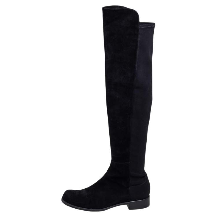 Pre Owned Stuart Weitzman Black Suede/Fabric Knee Length Boots Size 39.5