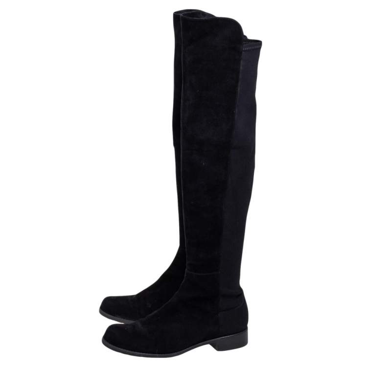 Pre Owned Stuart Weitzman Black Suede/Fabric Knee Length Boots Size 39.5