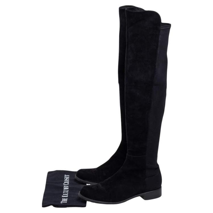 Pre Owned Stuart Weitzman Black Suede/Fabric Knee Length Boots Size 39.5