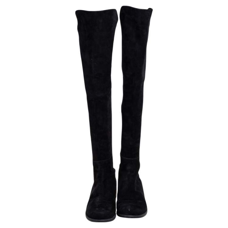 Pre Owned Stuart Weitzman Black Suede/Fabric Knee Length Boots Size 39.5