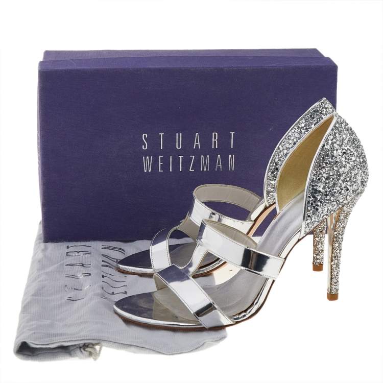 Pre Owned Stuart Weitzman Silver Glitter And Leather Open Toe Pumps Size 39.5