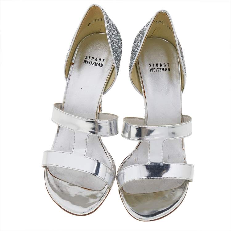 Pre Owned Stuart Weitzman Silver Glitter And Leather Open Toe Pumps Size 39.5