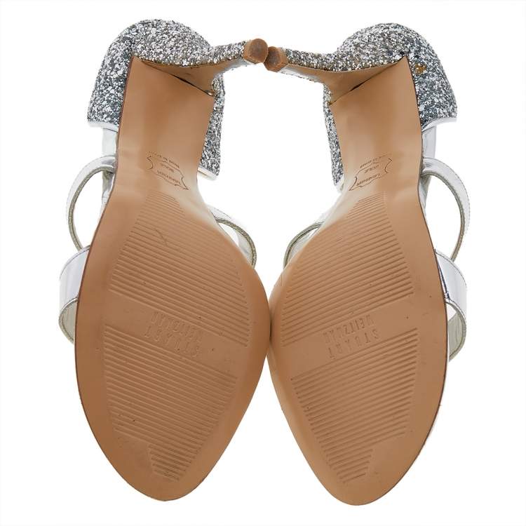 Pre Owned Stuart Weitzman Silver Glitter And Leather Open Toe Pumps Size 39.5